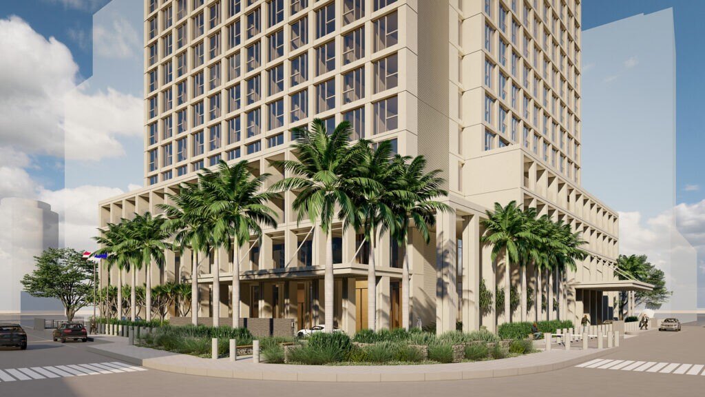 Calçadas e jardins frontais do Rotana Khartoum.