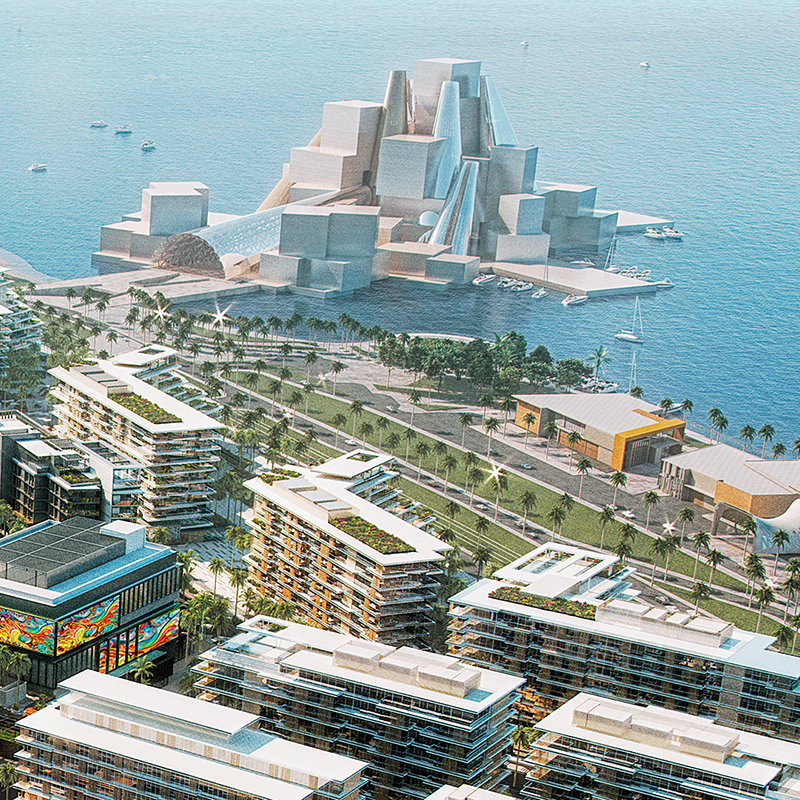 Vista aérea do projeto urbano de Saadiyat Grove em Abu Dhabi.